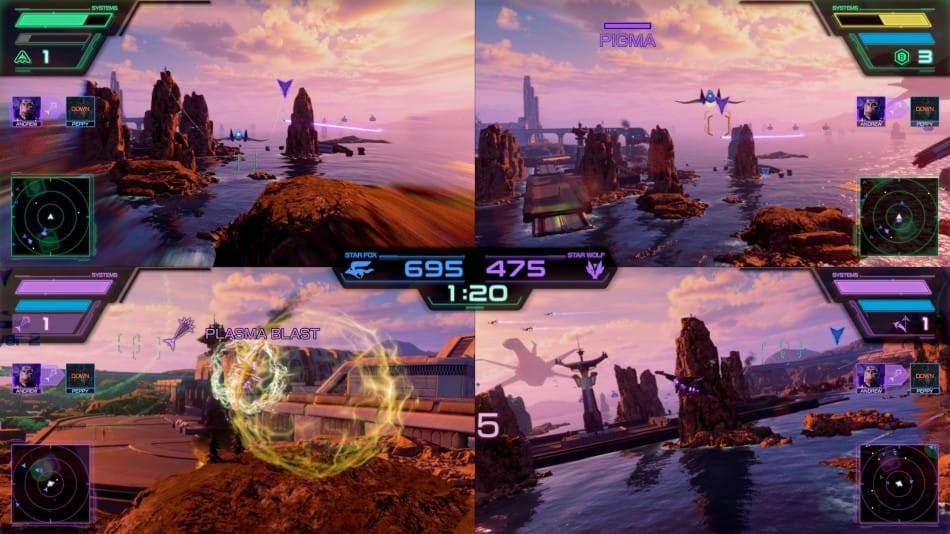Battle Mode Star Fox: экран разделён на четыре области для локальной игры
