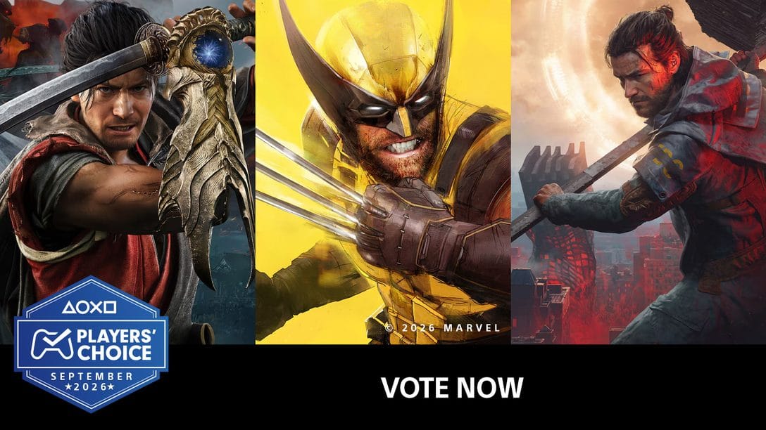 Официальная обложка Players’ Choice за сентябрь 2026 с героями Onimusha, Marvel’s Wolverine и Control Resonant и призывом голосовать
