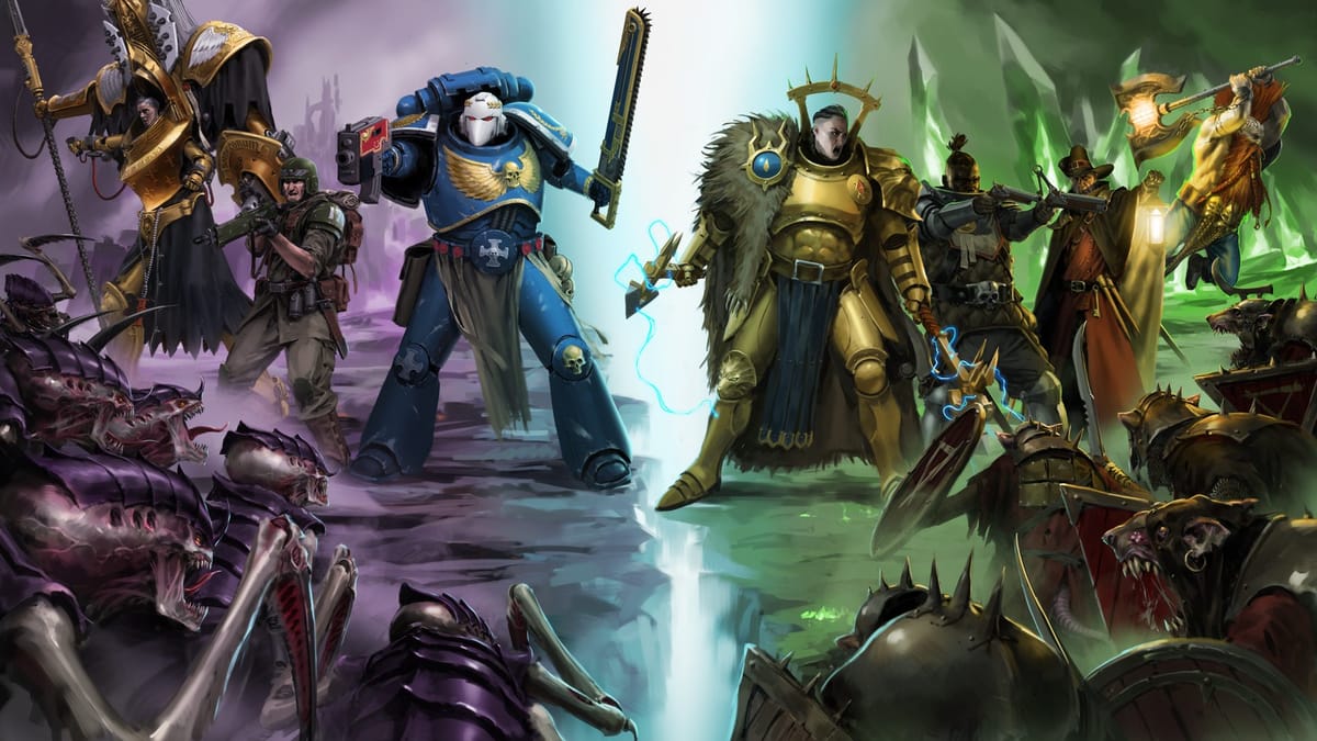 Официальная иллюстрация Warhammer Survivors с героями двух вселенных перед ордами врагов