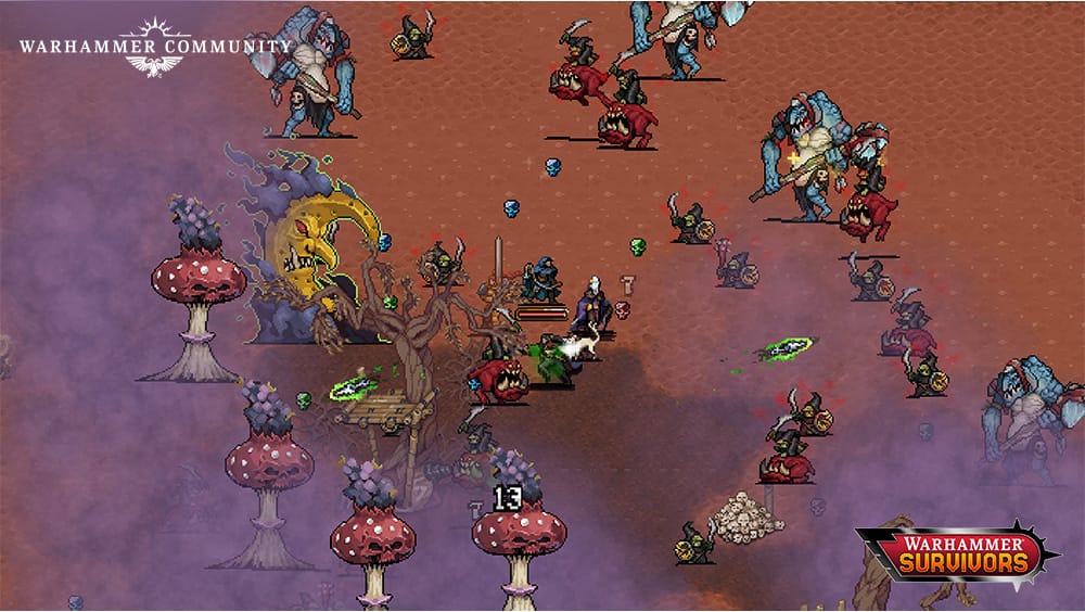 Официальный пиксельный кадр Warhammer Survivors с боем против гротов, сквигов и крупных противников