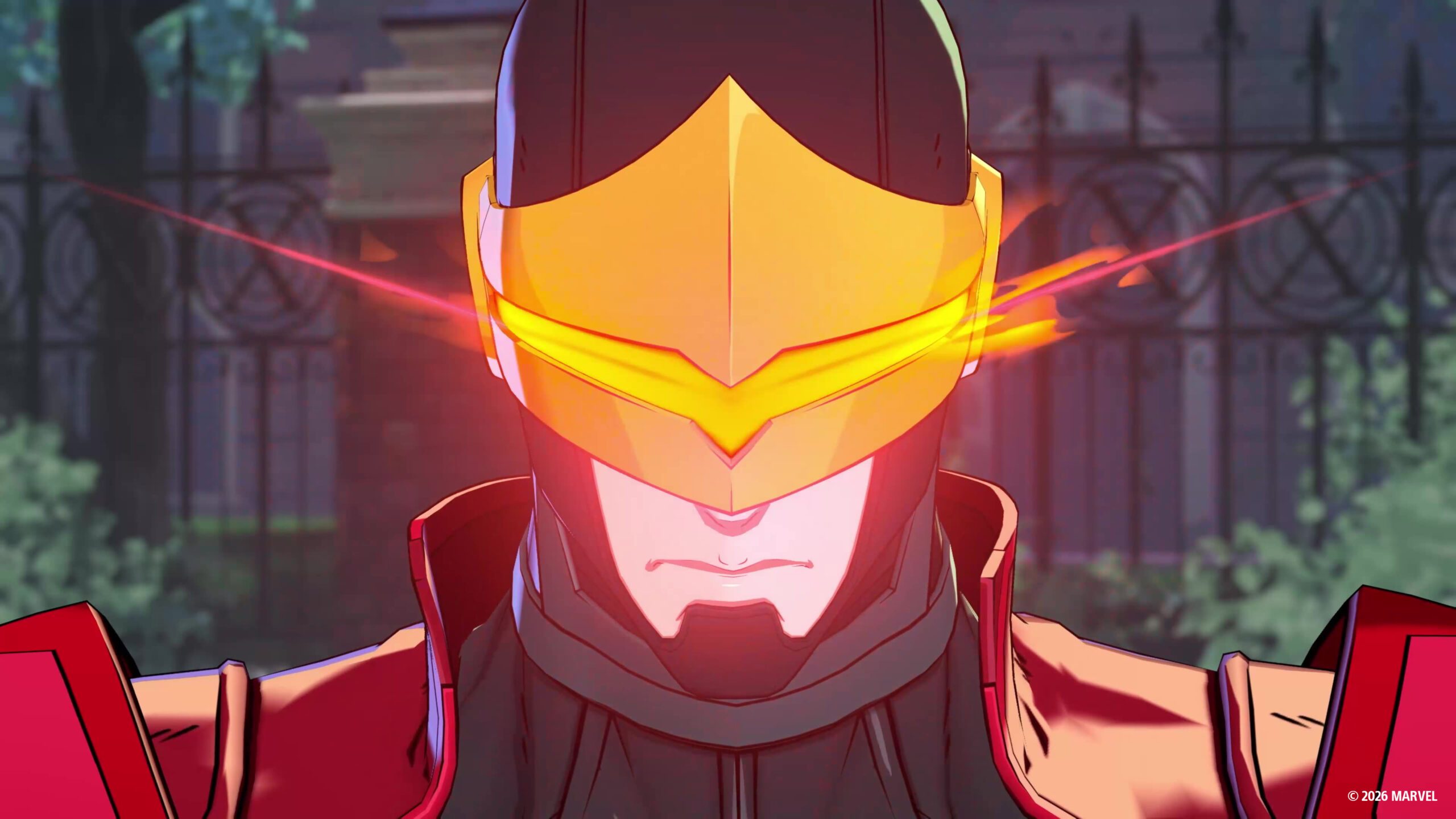 Крупный план Phoenix Cyclops со светящимся визором на официальном изображении игры