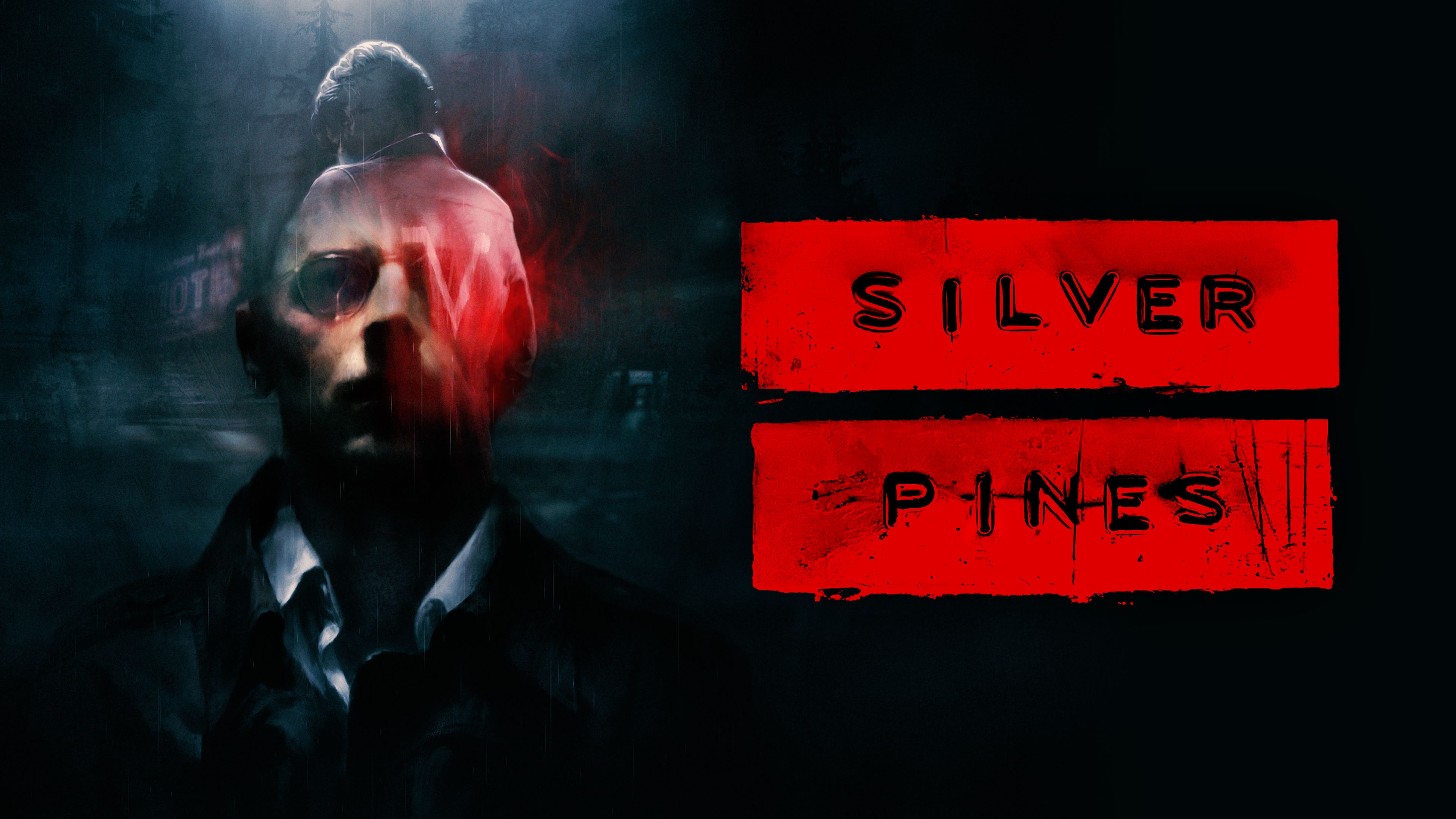 Официальная обложка Silver Pines с лицом сыщика, силуэтом черепа и красным названием игры