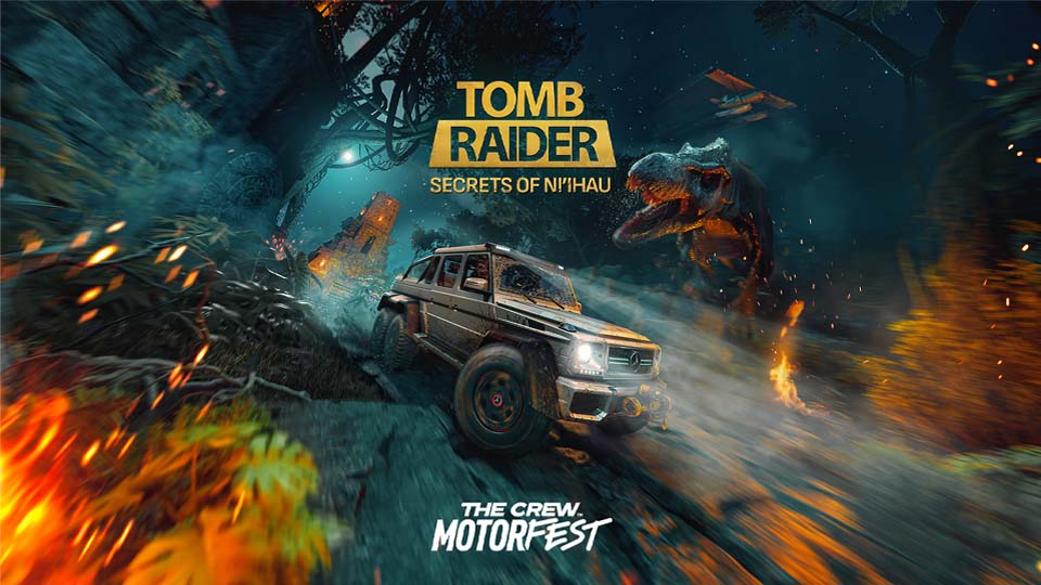 Официальная иллюстрация Tomb Raider: Secrets of Ni’ihau — внедорожник и динозавр в джунглях