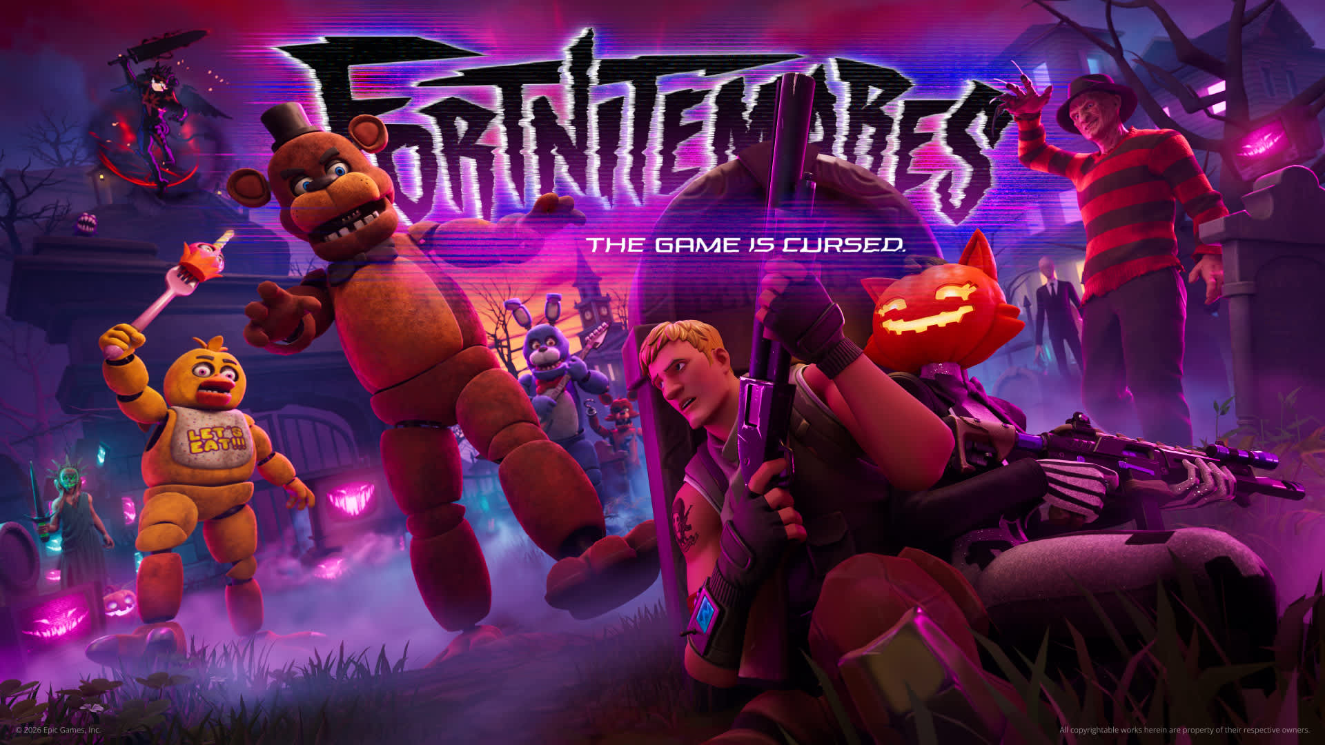 Официальная иллюстрация Fortnitemares 2026 с персонажами Five Nights at Freddy’s и Фредди Крюгером