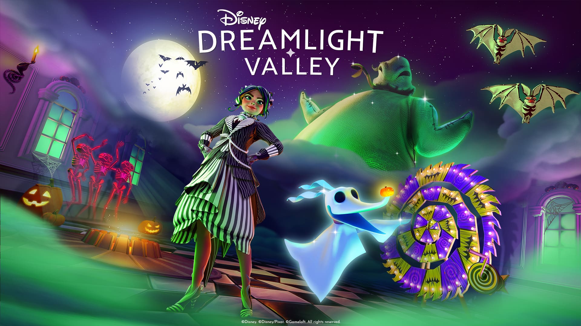 Официальная иллюстрация Season of Scares в Disney Dreamlight Valley с Уги-Буги и Зеро