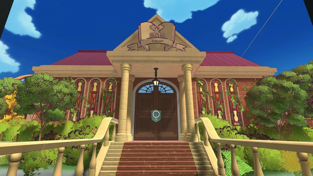 Библиотека с дверью и замочной скважиной в Escape Academy 2 — официальный скриншот PlayStation Blog