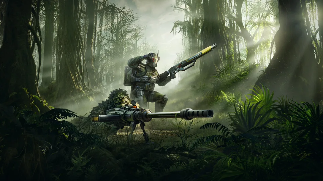 Два бойца Helldivers 2 с дальнобойным оружием в лесу — официальный баннер Scope of Authority