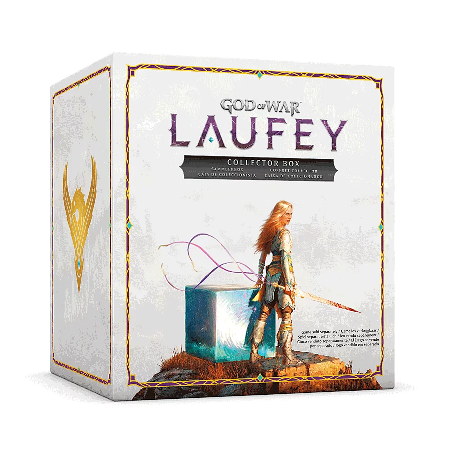 Белая коробка God of War Laufey Collector Box с изображением Фэй — официальный рендер PlayStation Direct