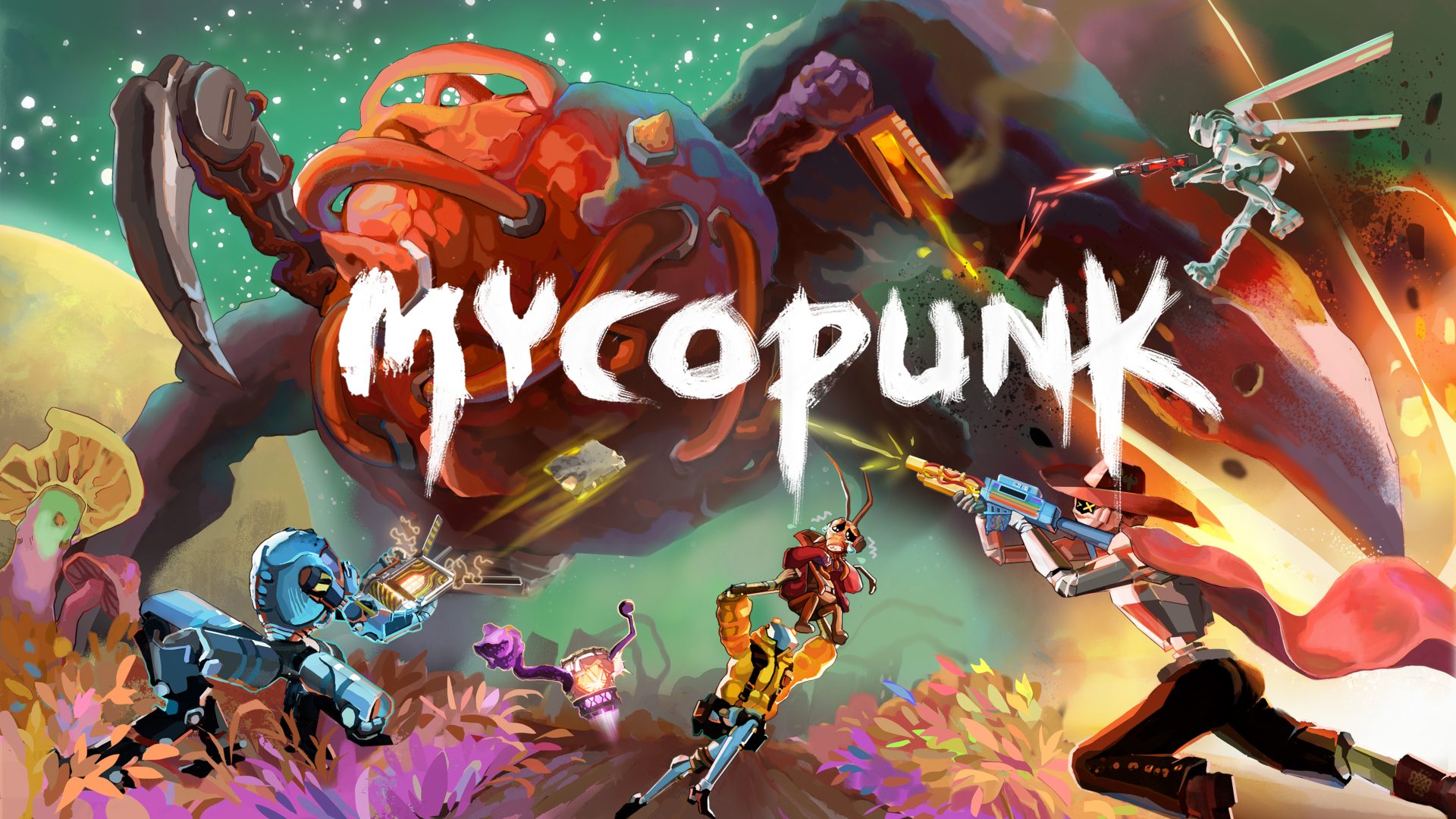 Официальная иллюстрация Mycopunk: отряд роботов сражается с гигантскими грибными противниками