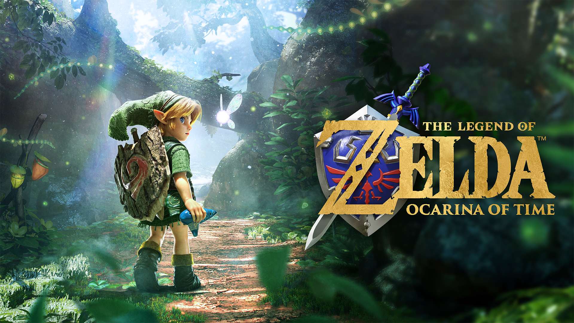 Линк и фея Нави в лесу на официальной иллюстрации Zelda Ocarina of Time для Switch 2