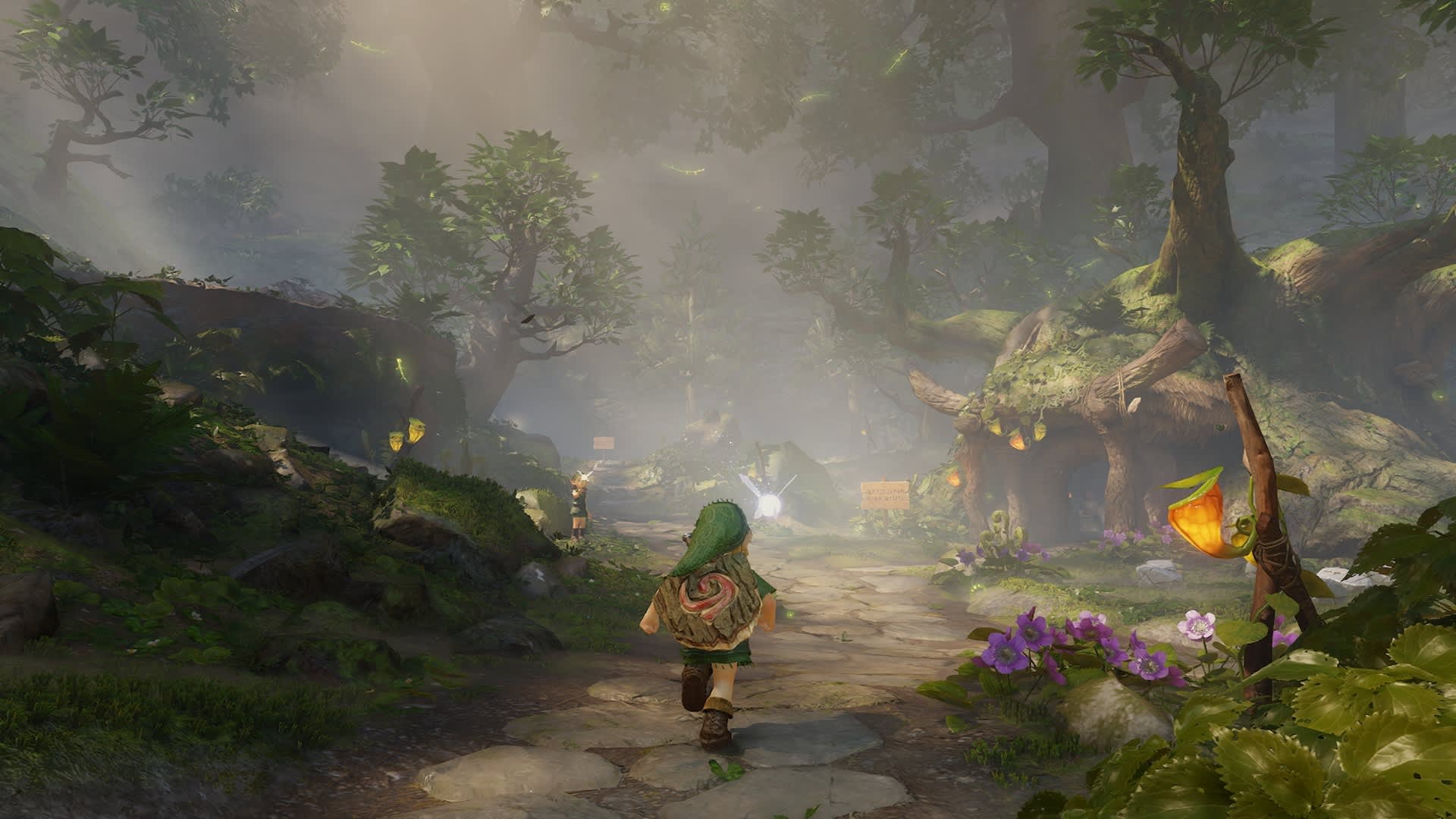 Линк идёт по лесному поселению в новой версии Zelda Ocarina of Time
