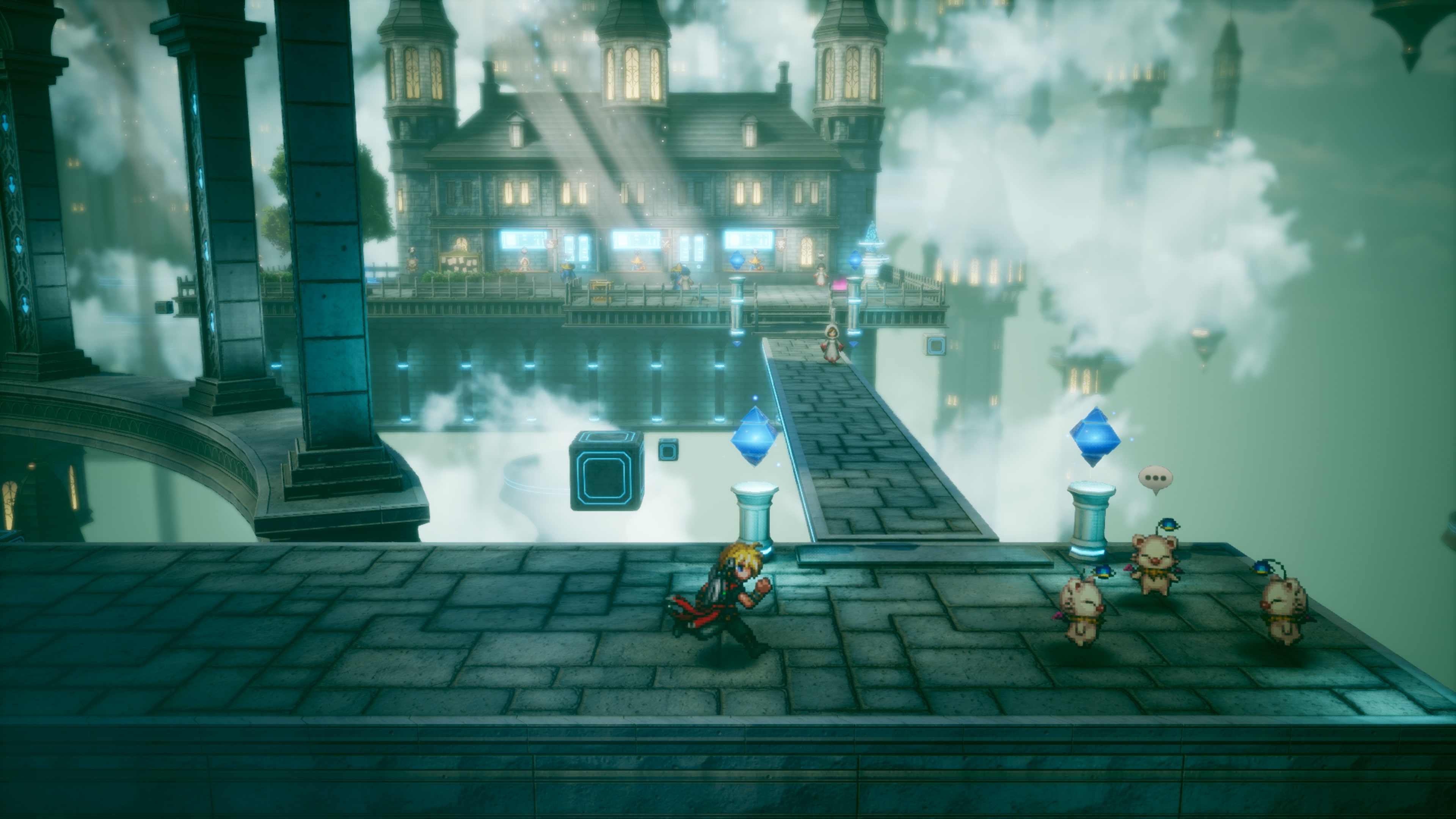 Герой Final Fantasy Resonance и муглы среди парящих зданий, официальный игровой кадр