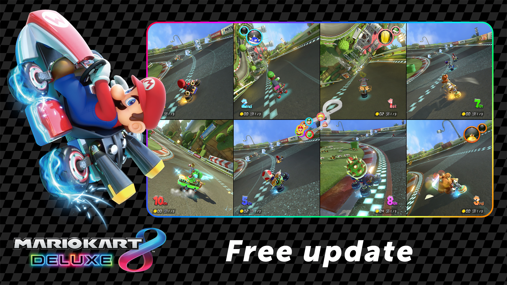 Марио и разделённый экран Mario Kart 8 Deluxe на официальной иллюстрации Nintendo