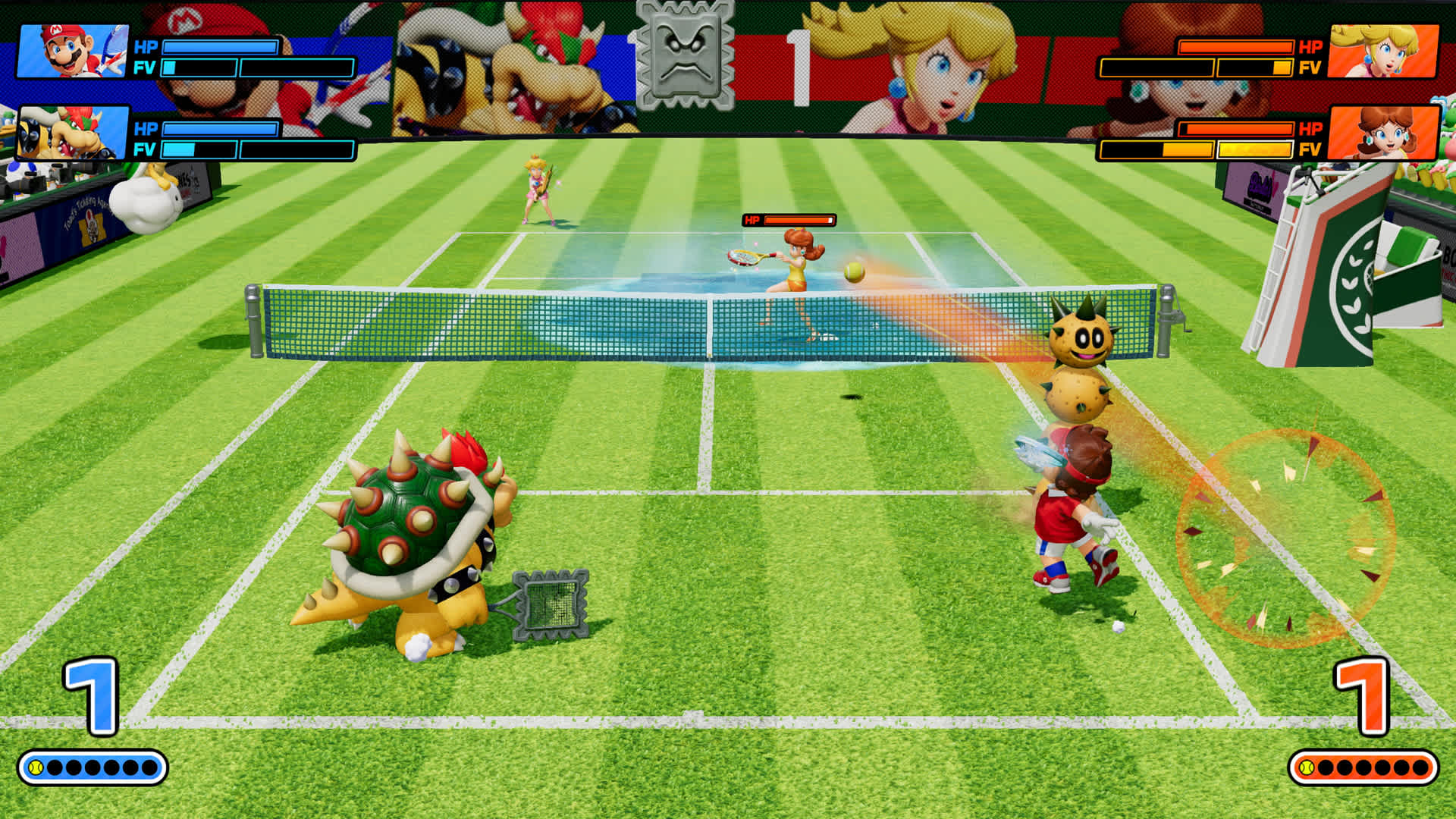 Парный матч Марио и Боузера против Пич и Дейзи в Mario Tennis Fever