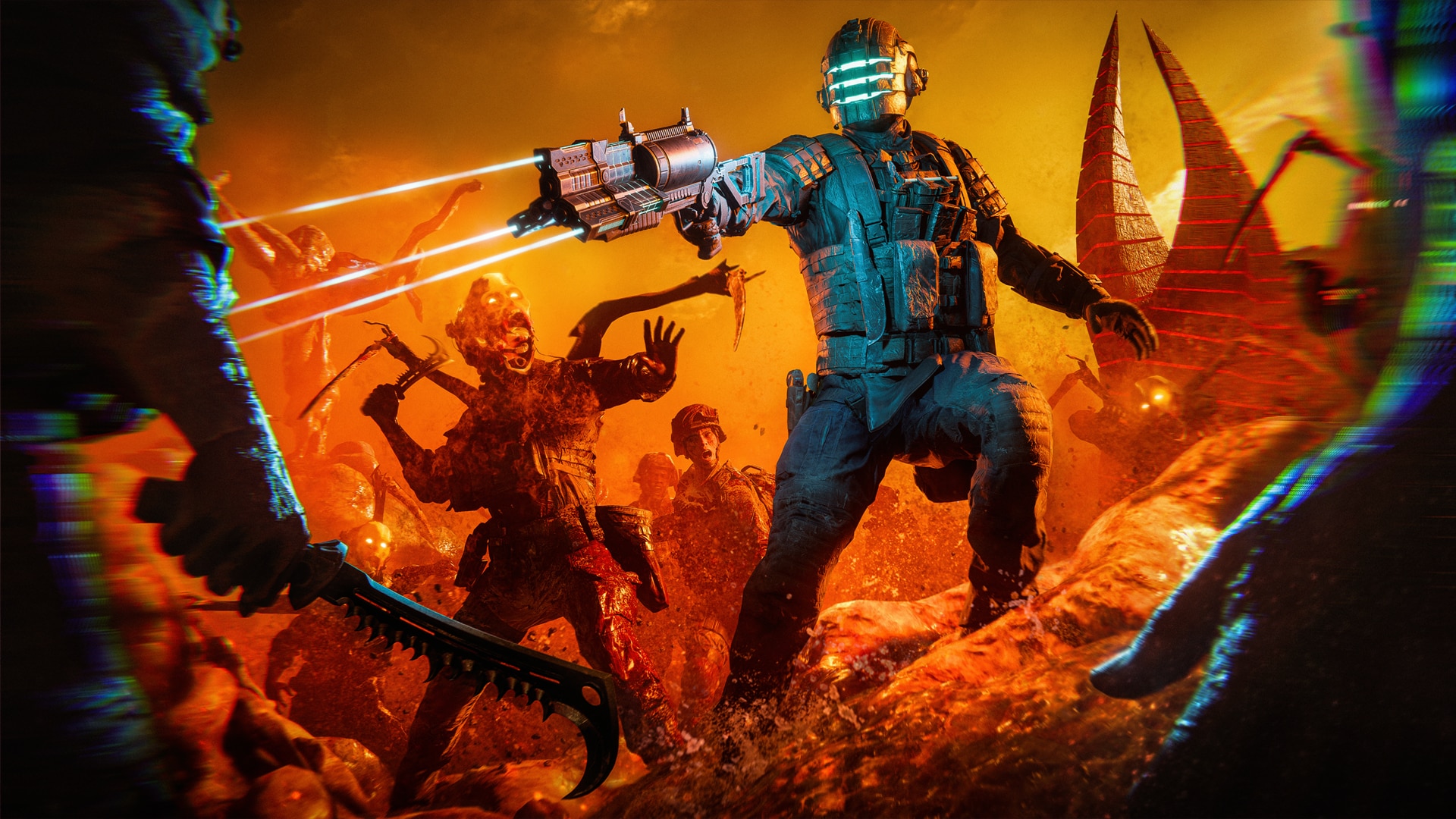Боец в экипировке Dead Space против заражённых солдат, официальная иллюстрация события Battlefield 6 Convergence