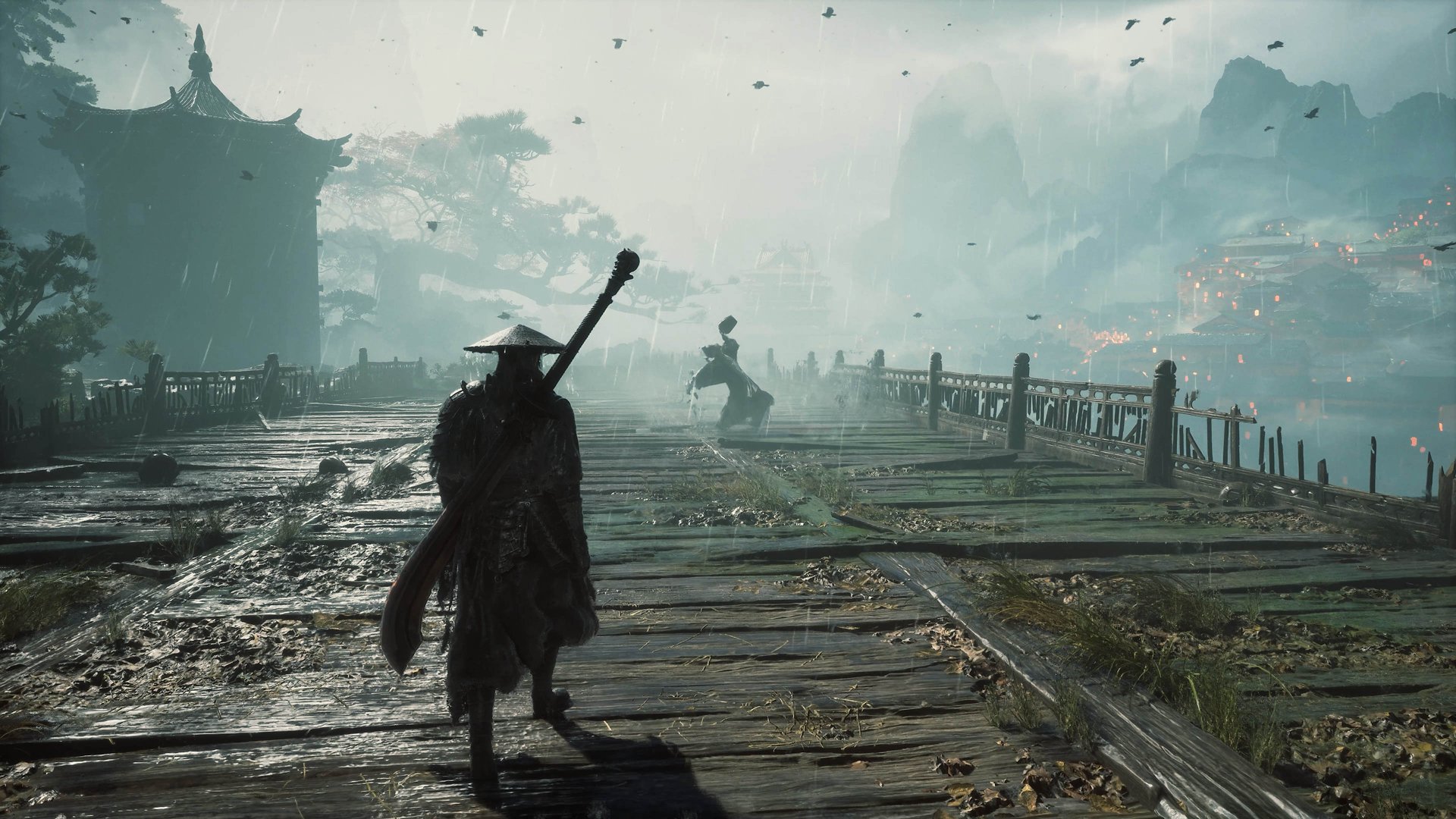 Соул на залитом дождём деревянном мосту в Phantom Blade Zero: официальный скриншот