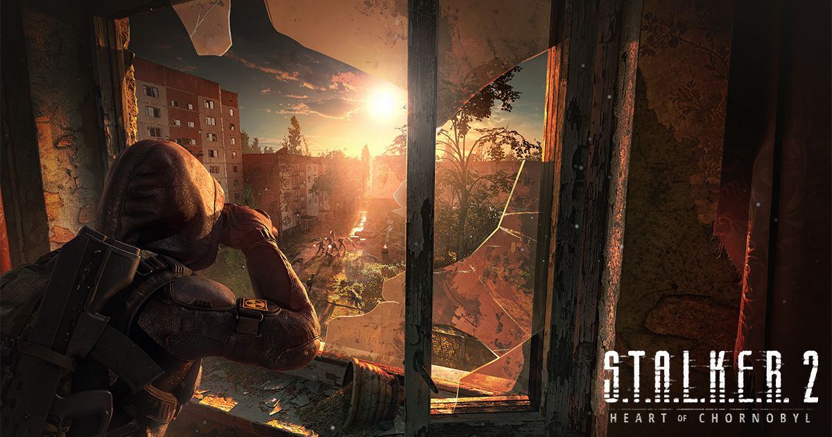Сталкер наблюдает в бинокль за городом — официальная иллюстрация The Zone Lookout