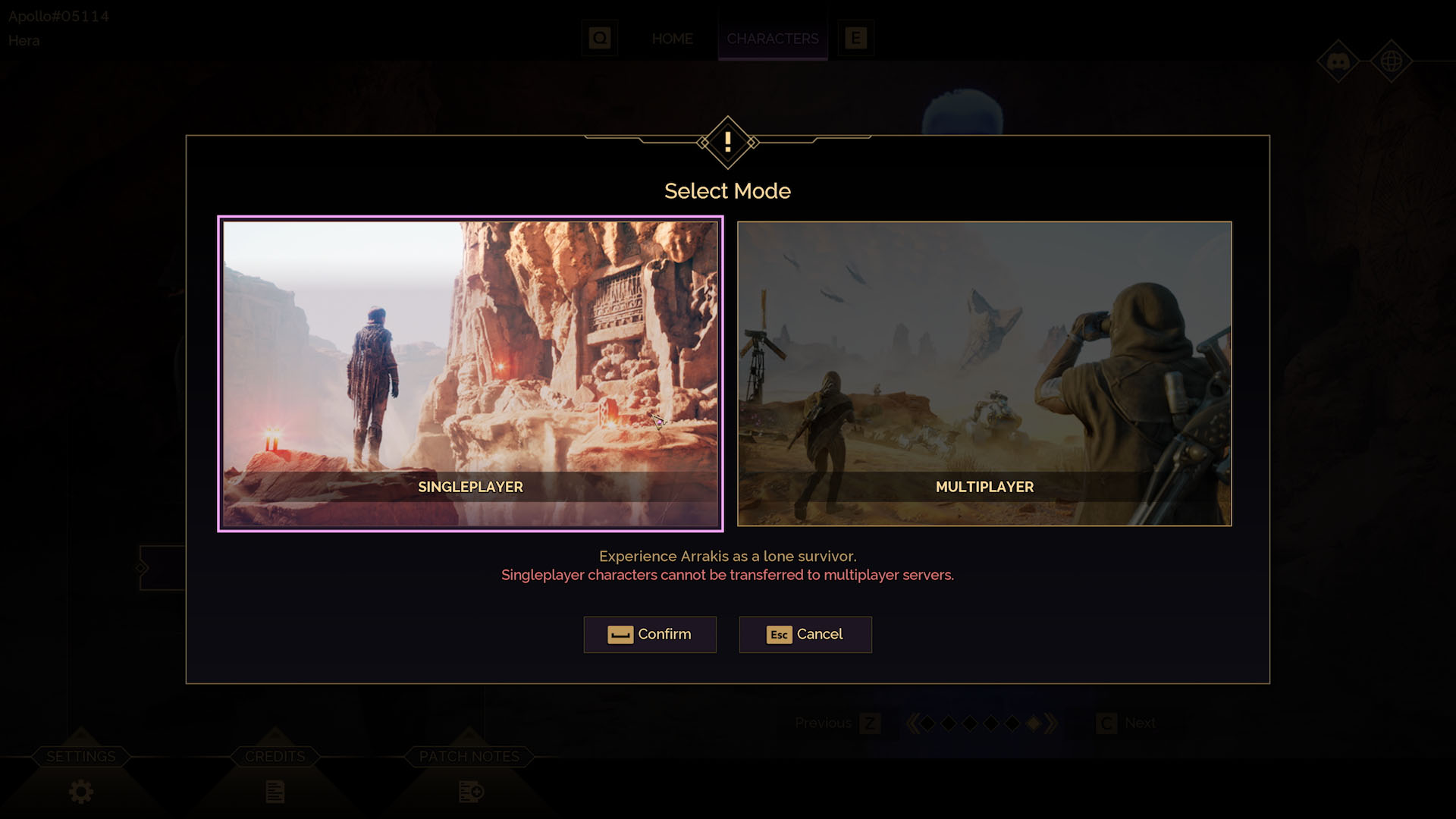 Экран выбора одиночного и многопользовательского режимов Dune Awakening