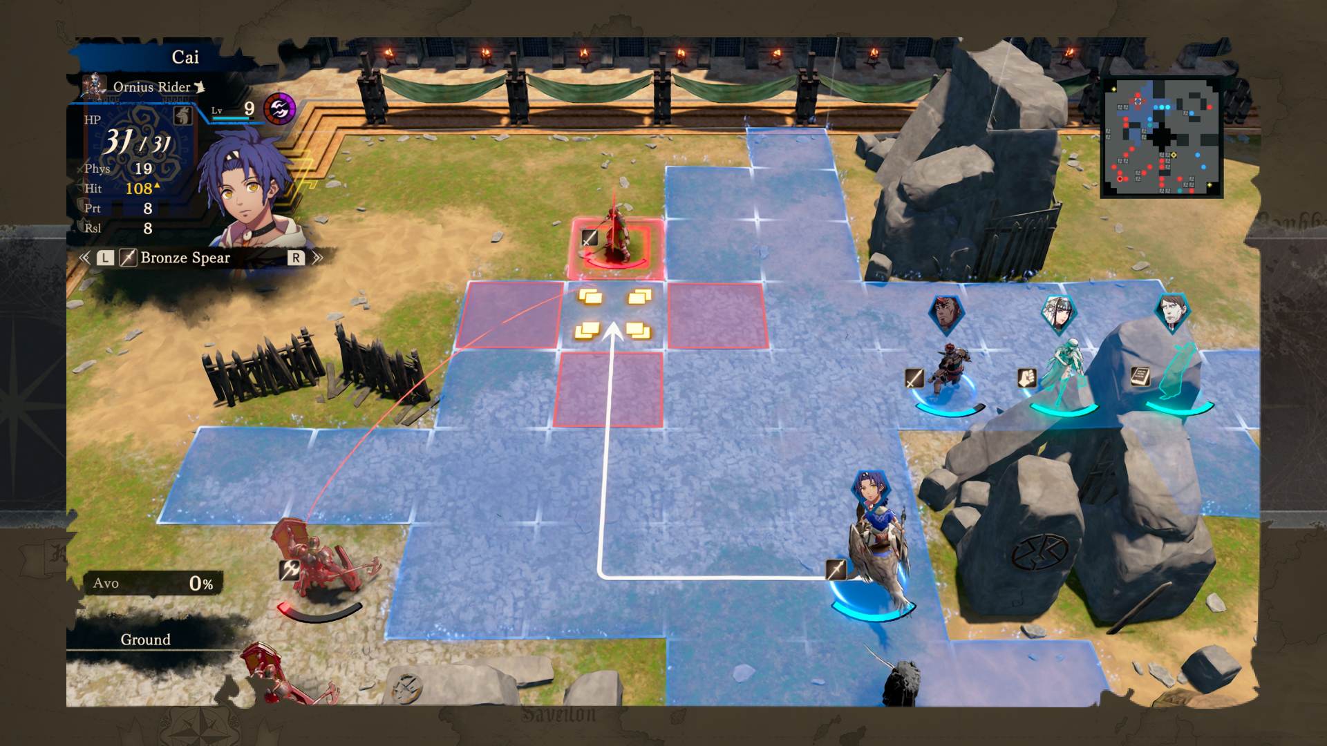 Тактическая карта Fire Emblem с клетками перемещения и расположением отрядов