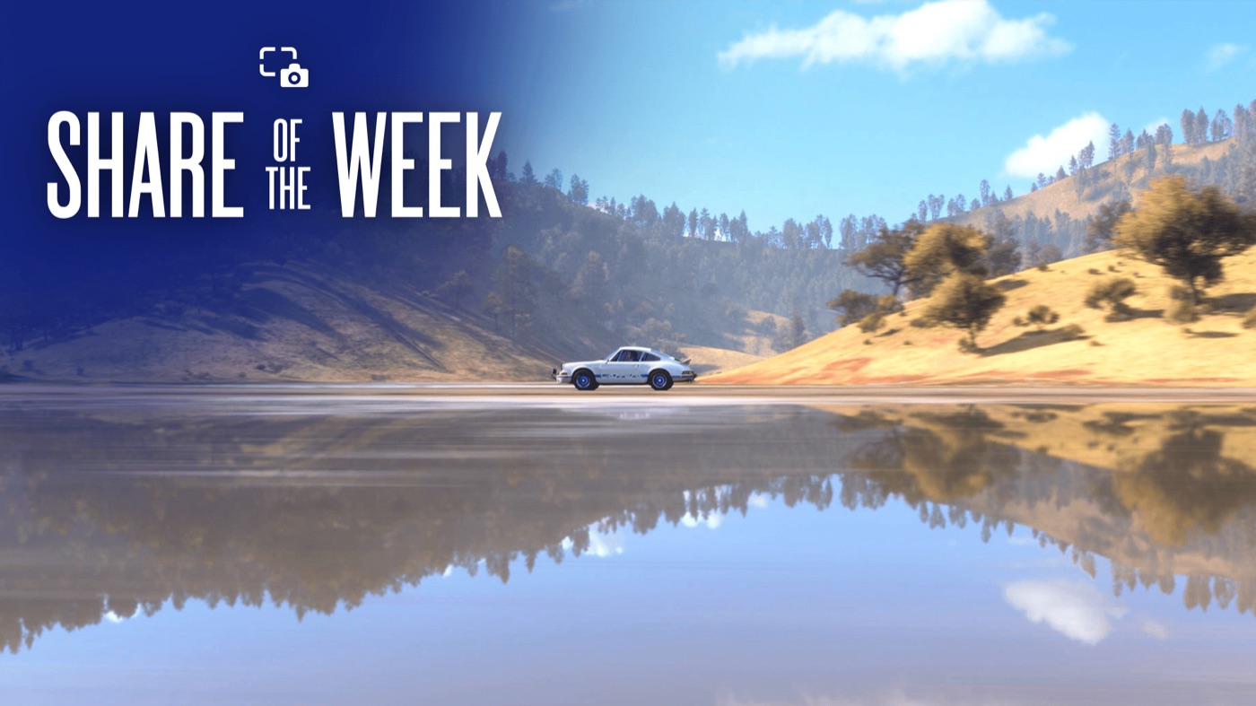 Автомобиль и отражение гор в воде в Forza Horizon 5